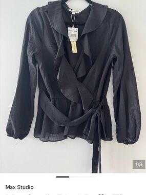 Max Studio Black Ruffle Wrap Top